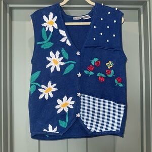 Vintage Two Twenty Daisy Knit Sweater Vest Women’s L Floral Cottagecore Gingham
